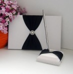 White Wedding Guest Registration Book - Black Bow & Diamante Stud  + Silver Pen & Stand